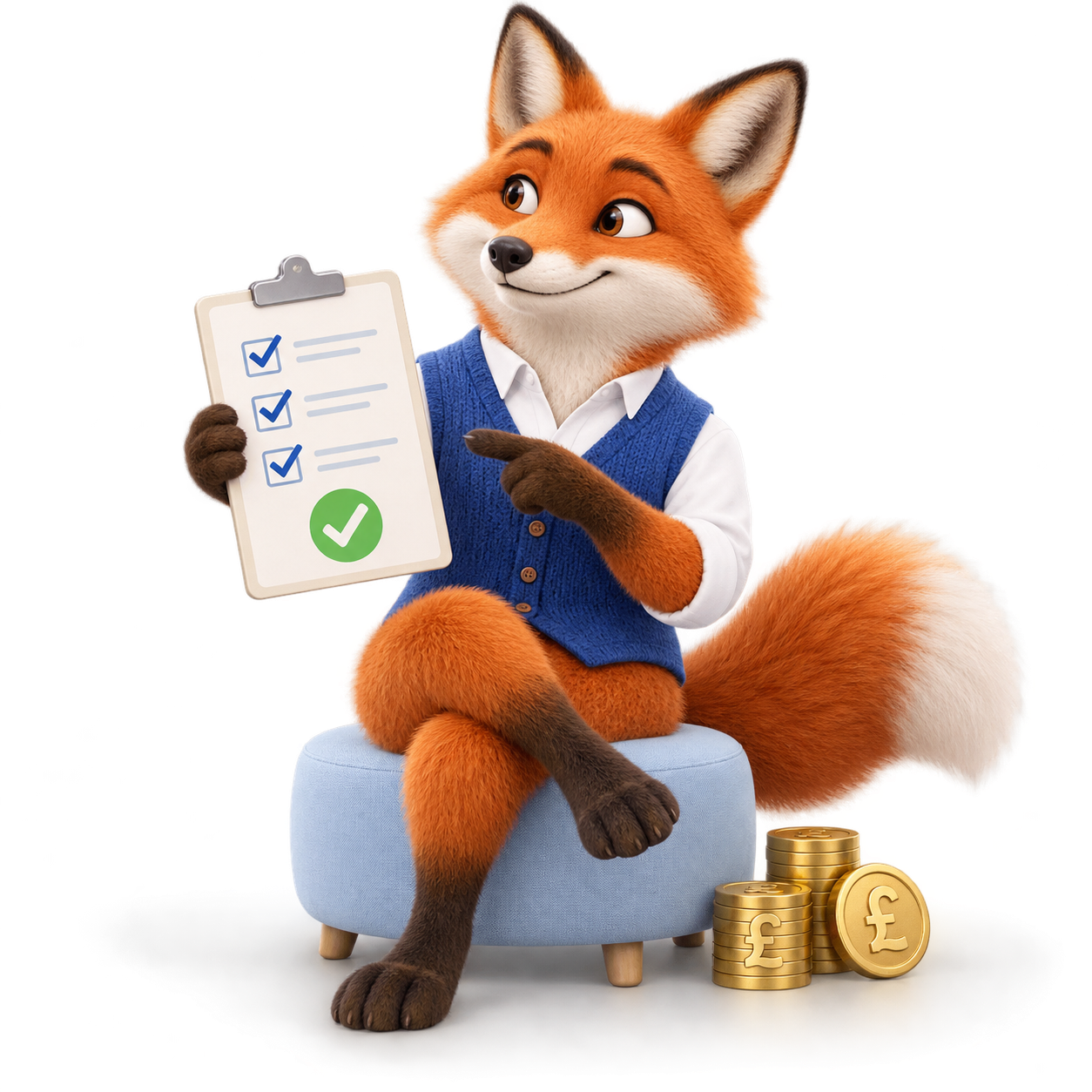 A friendly fox checking a hiring cost checklist beside pound coins